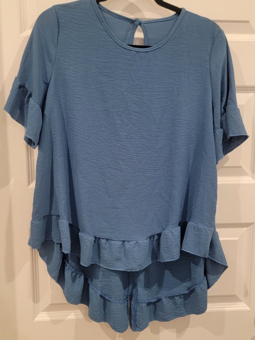 Pretty Blue Button Ruffle Detail Blouse - Picture 1 of 6